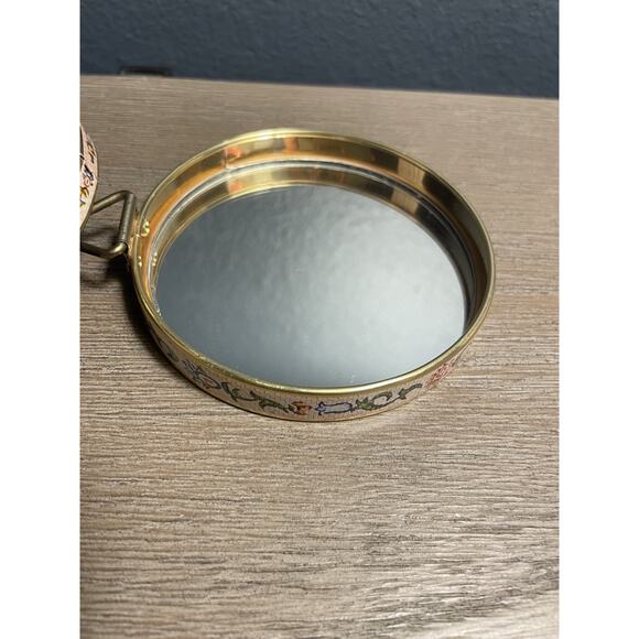 Metal Folding Travel Double Hand Mirror w/Stand 3 1/2 Round Floral Vintage - Picture 8 of 8